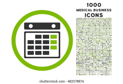 Month Calendar rounded vector bicolor icon with 1000 medical business icons. Set style is flat pictograms, eco green and gray colors, white background.