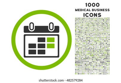 Month Calendar rounded vector bicolor icon with 1000 medical business icons. Set style is flat pictograms, eco green and gray colors, white background.