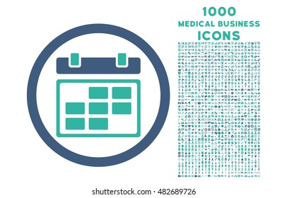 Month Calendar rounded vector bicolor icon with 1000 medical business icons. Set style is flat pictograms, cobalt and cyan colors, white background.
