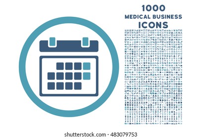 Month Calendar rounded vector bicolor icon with 1000 medical business icons. Set style is flat pictograms, cyan and blue colors, white background.
