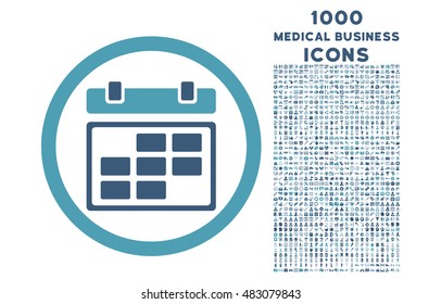 Month Calendar rounded vector bicolor icon with 1000 medical business icons. Set style is flat pictograms, cyan and blue colors, white background.