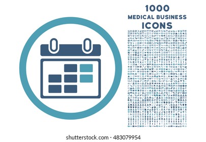 Month Calendar rounded vector bicolor icon with 1000 medical business icons. Set style is flat pictograms, cyan and blue colors, white background.