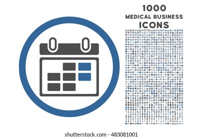 Month Calendar rounded vector bicolor icon with 1000 medical business icons. Set style is flat pictograms, cobalt and gray colors, white background.