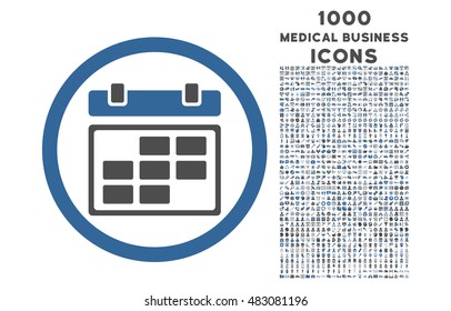 Month Calendar rounded vector bicolor icon with 1000 medical business icons. Set style is flat pictograms, cobalt and gray colors, white background.