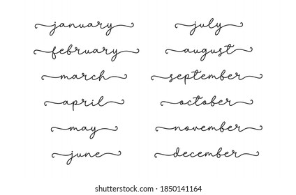 Month, calendar set of continuous line cursive text. Lettering script vector illustration for year calendar, poster, card, banner, invitations. Hand drawn month names.