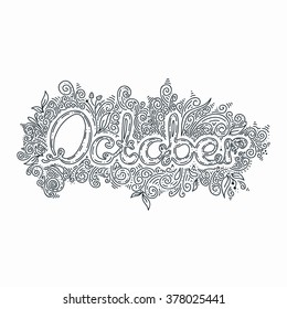 Month calligraphy lettering line illustration. Isolated on white background. Vector image. Doodle October writing.