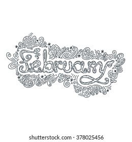 Month calligraphy lettering line illustration. Isolated on white background. Vector image. Doodle February writing.