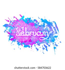 Month calligraphy lettering line illustration on watercolor splash background. Vector image. February writing.