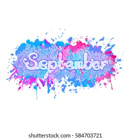 Month calligraphy lettering line illustration on watercolor splash background. Vector image. September writing.