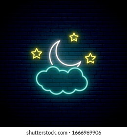 Month in the clouds neon sign. Night light signboard. Shiny moon, stars and cloud in neon style. Vector illustration. 