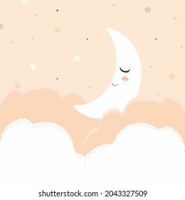 Month and clouds with stars. Month and Start Flat Cartoon Style Suitable for Sticker and Book Cover. Simple design, simple color. Minimalist design cartoon.