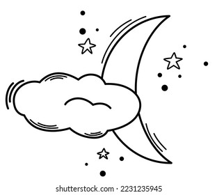 Month with clouds. Weather forecast. Meteorological. Cloudy weather Line art symbol for web printing and applications. Vector illustration in doodle style isolated on the white background.