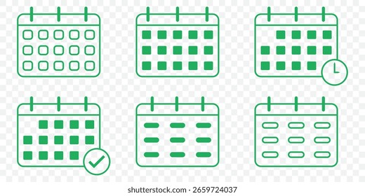 Iconos de calendario de mes y fecha con indicadores de tareas: archivo EPS en color verde. Iconos estilizados de la interfaz de usuario del calendario: paquete de Vectores para App de planificador y recordatorio sobre fondo transparente EPS 10.