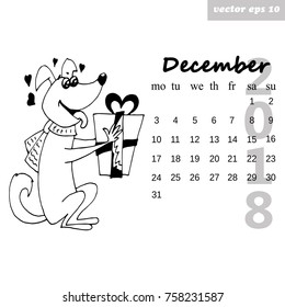 Month december 2018. Calendar for the next coming year. Hand drawn illustration. Element for daily, monthly, yearly planner, diary, poster, postcard, organizer.