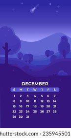 The month of December 2024 with a winter nightscape. Winter nightscape with starry sky. 