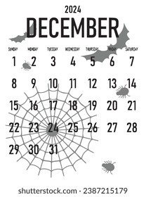 Month of December 2024 Year Halloween Style Calendar, Week Starts on Sunday Vector Illustration Abstract Black and White Editable image