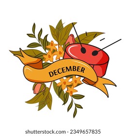 Month December in a drawn ribbon with flowers and drum. For calendar, monthly logo, bullet journal, monthly organizer, banner, invitation, card, poster, flyer and planners. Vector illustration EPS10