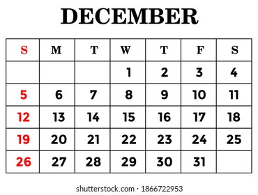 Month december.Calendar for 2021 isolated on a white background. Sunday to Monday, business template. Vector illustration.