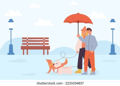 Month of dog walking. A woman and a man walking a dog in winter in the snow or rain.