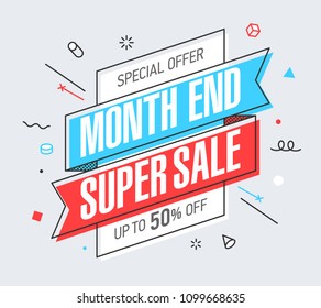 Month End Super Sale plantilla de banner en memphis plano estilo geométrico, afiche estilo papel retro 80s - 90s, pancarta, diseño de banner web, ilustración vectorial