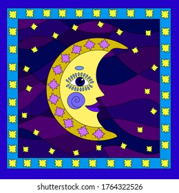 A month with a face in the night sky among the stars, for a children's card or book.Vector illustration.