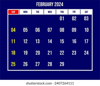 Month February 2024 calendar with blue background and white numbers