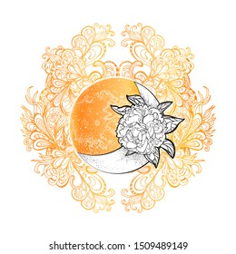 Month, full moon, moonlight and peony flower on the background of floral ornament. Boho Style. Bohemian. Tattoo or poster, greeting card, print or sticker. Cover design. Vector illustration. Art.