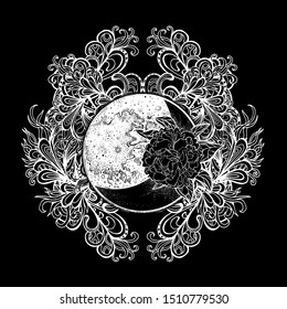 Month, full moon, moonlight and peony flower on the background of floral ornament. Boho Style. Bohemian. Tattoo or poster, greeting card, print or sticker. Cover design. Vector illustration. Art.