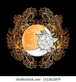 Month, full moon, moonlight and peony flower on the background of floral ornament. Boho Style. Bohemian. Tattoo, poster, greeting card, print, sticker. Cover design. Vector illustration gold. Art. 