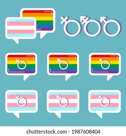 A month of gay pride. Flat design signs. Dialogue sign. LGBT and transgender flag. LGBTQ + symbology. 