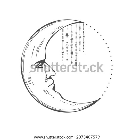 Month icon black linear art, boho moon