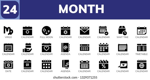 month icon set. 24 filled month icons.  Simple modern icons about  - Virgo, Calendar, Full moon, Wait time, Agenda, Timetable, Date