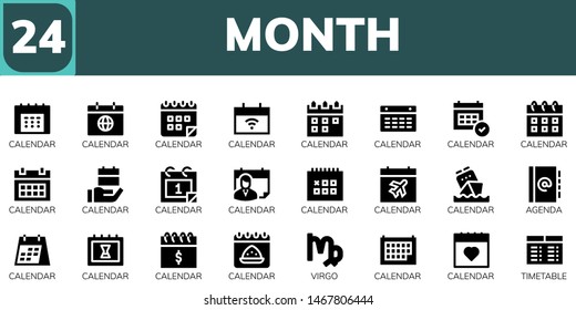 month icon set. 24 filled month icons.  Simple modern icons about  - Calendar, Agenda, Virgo, Timetable