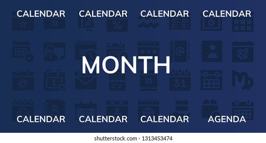 month icon set. 32 filled month icons. on blue background style Simple modern icons about  - Calendar, Agenda, Deadline, Schedule, Aquarius, Timetable, Date, Wait time, Virgo