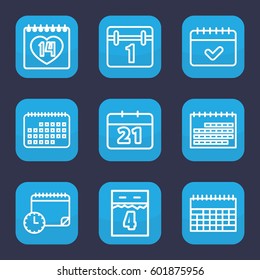 month icon. Set of 9 outline month icons such as calendar, 14 date, 4th date calendar