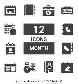 month icon set. Collection of 12 filled month icons included Calendar, Agenda, Deadline, Appointment book, Schedule