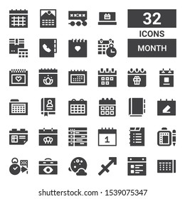month icon set. Collection of 32 filled month icons included Calendar, Sagittarius, Full moon, Deadline, Schedule, Appointment book, Agenda