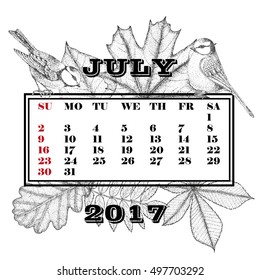month of July 2017 on the leaves of trees and birds background
