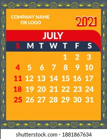 Month of July 2021 modern Calendar, Print Template with colorful, 
Your Logo and Text. Week Starts Sunday. Portrait Orientation. Planner for 2021 Year, Wall Monthly Calendar template.