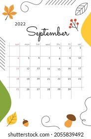 Month July 2022 with abstract elements, berries; orange leaves; acorn; muchroom. Vertical autumn poster with cozy atmosphere. Vector illustration. Calendar square grid for entries