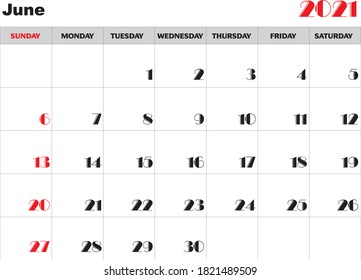 Month june 2021 Calendar Vector