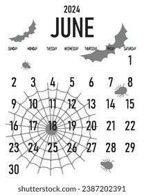 Month of June 2024 Year Halloween Style Calendar, Week Starts on Sunday Vector Illustration Abstract Black and White Editable image