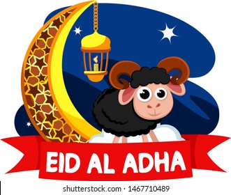 Month, lantern and black sheep, greeting card on a white. The Muslim holiday Eid al-Adha.