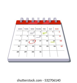 Month lined big calendar template icon with planned work and appointments marks. Flat style vector illustration isolated on white background.
