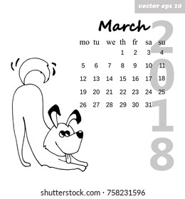 Month march 2018. Calendar for the next coming year. Hand drawn illustration. Element for daily, monthly, yearly planner, diary, poster, postcard, organizer.