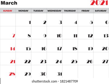Vector del calendario del mes de marzo de 2021