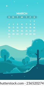 Month of March 2024 c minimalistic landscape background. Spring nature in blue shades