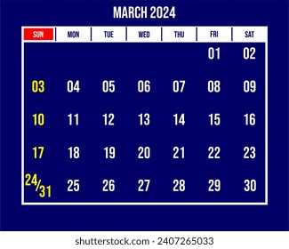 Month March 2024 calendar with blue background and white numbers