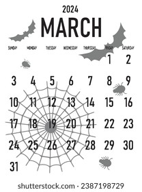 Month of March 2024 Year Halloween Style Calendar, Week Starts on Sunday Vector Illustration Abstract Black and White Editable image