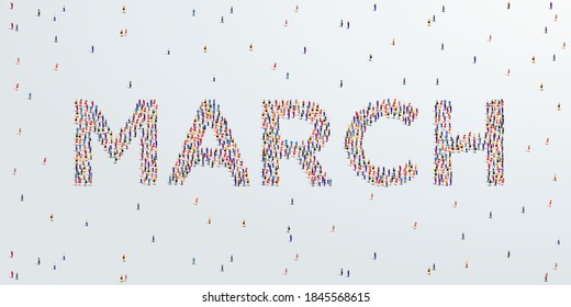 Month March. Large group of people form to create March. Vector Illustration.